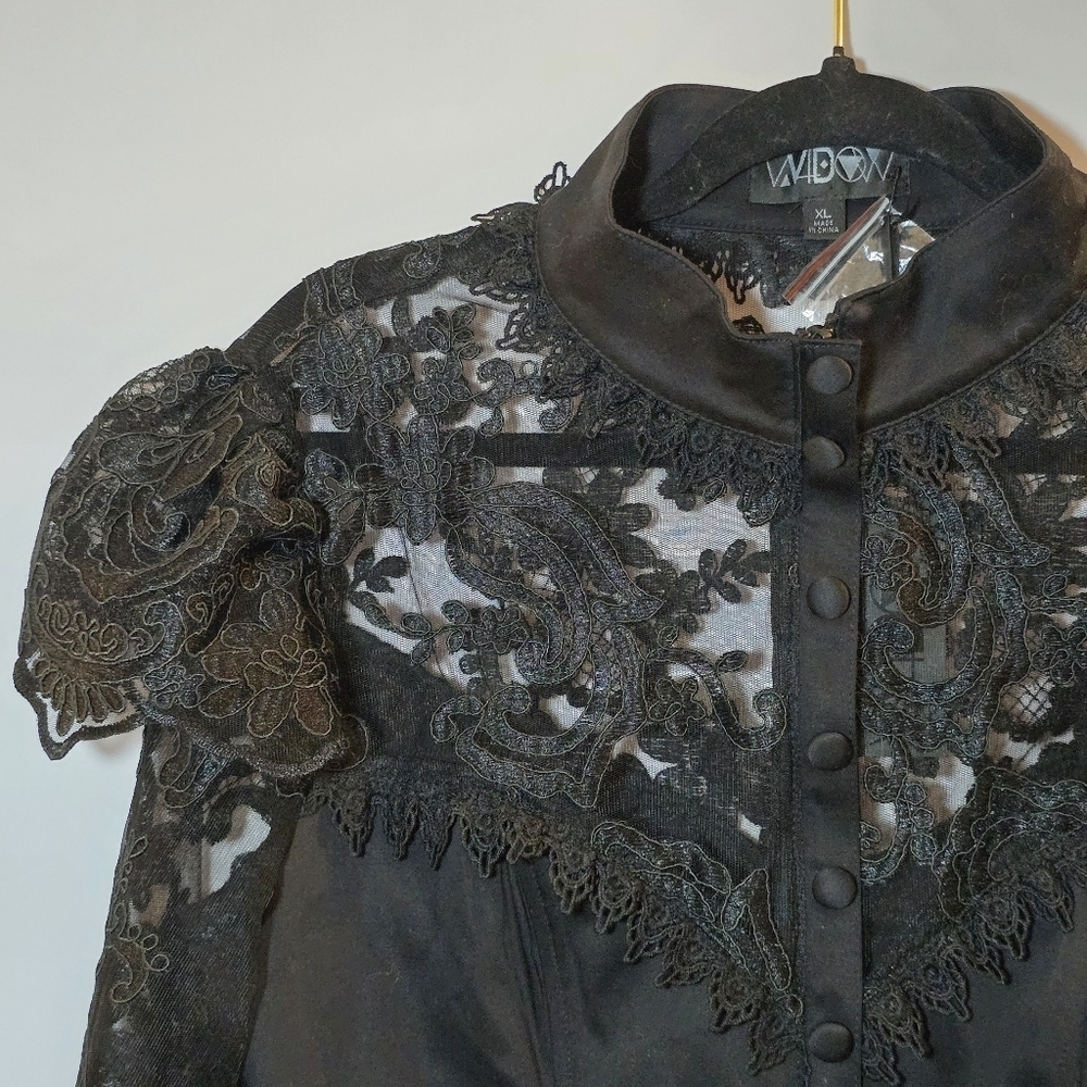 NWT Dolls Kill Widow Black Lace Victorian Goth Vampy High Collar Faux Button XL - Picture 3 of 13